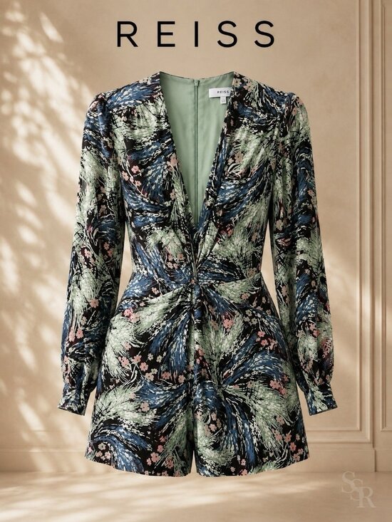 Reiss Pants - Reiss Alena Grass Print Long Sleeve Twist Front Romper Playsuit Size 8